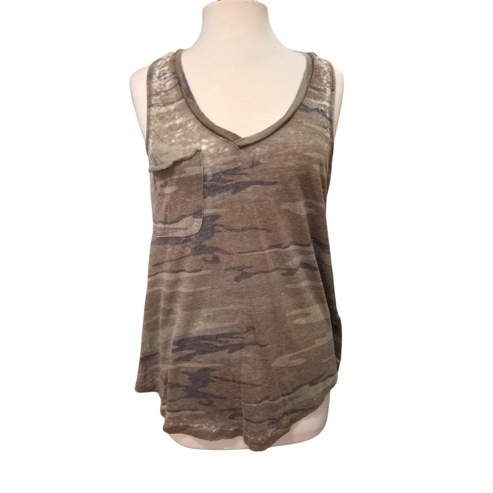 Z Supply Womens Camo Print Burnout Tank Top V-Neck Pocket Sleeveless Olive Large